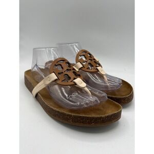Tory Burch Miller Cloud Leather Thong Sandals Brown Cream Cork Insole Sz 10 EUC